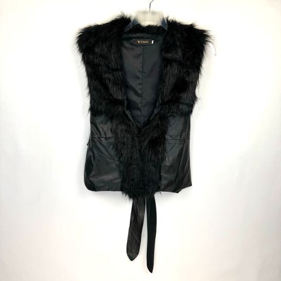 WENXI | Black Faux Leather with Faux Fur Collar Tie Back Vest | Women's Medium - Picture 2 of 7